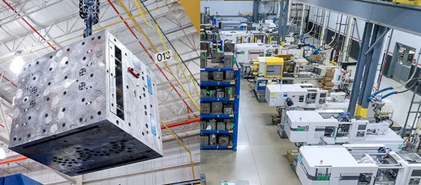 Mold tooling on crane at injection mold facility