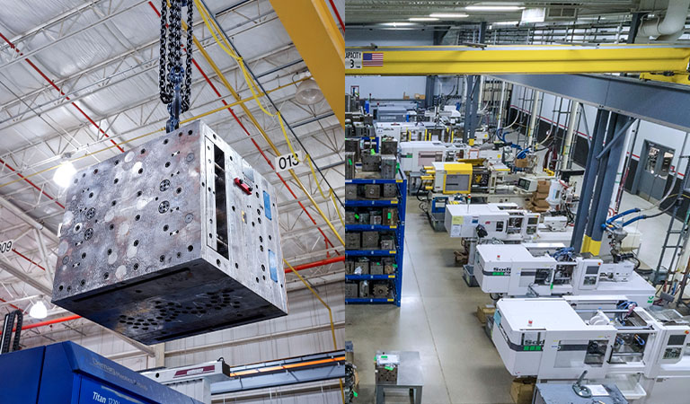 Mold tooling on crane at injection mold facility